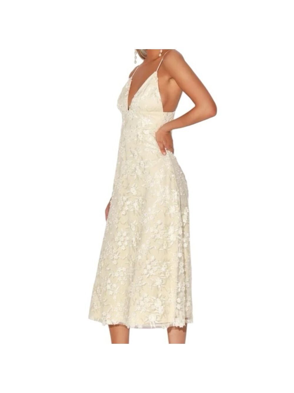 LULUS Flourishing Kiss Cream Floral Embroidered Floral Lace Midi Dress EC Sz L